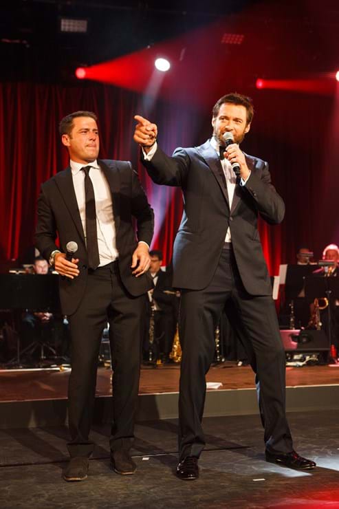 Hugh Jackman and Karl Stefanovic ham it up on stage for Fight Cancer Foundation's fundraising event Red Ball.